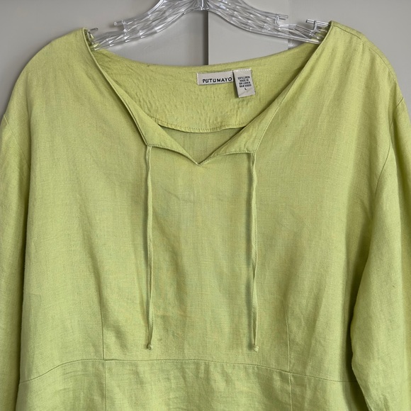 Putumayo 100% Linen Tailored V-Neck Blouse Chartreuse Women’s Size Large - Picture 3 of 11